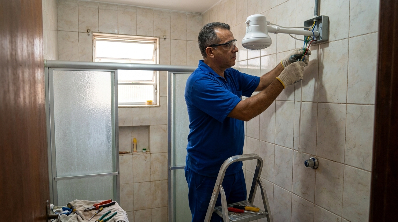 Eletricista instalando chuveiro eletrico em Serra‑ES