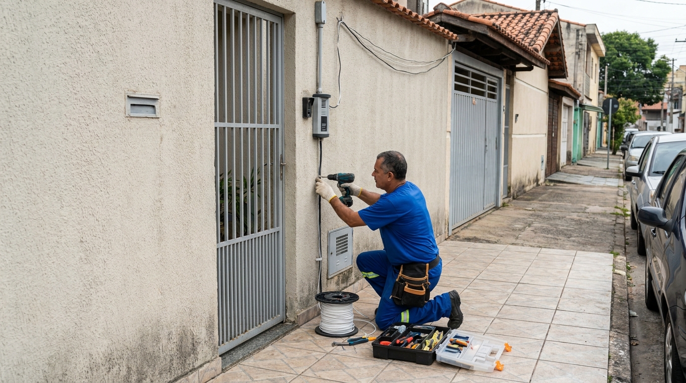 Eletricista instalando interfone em Serra‑ES